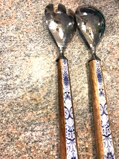 Salad Fork and Spoon. Tan Sides -Blue Pattern on Front and Back- Free Shipping