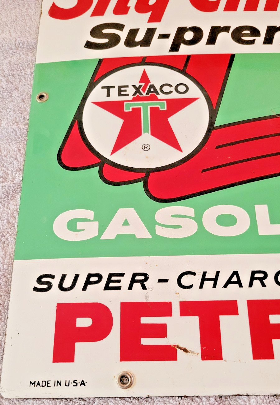 Original 1960 Sky Chief Su-preme Texaco Petrox Porcelain Sign 18" x 12"