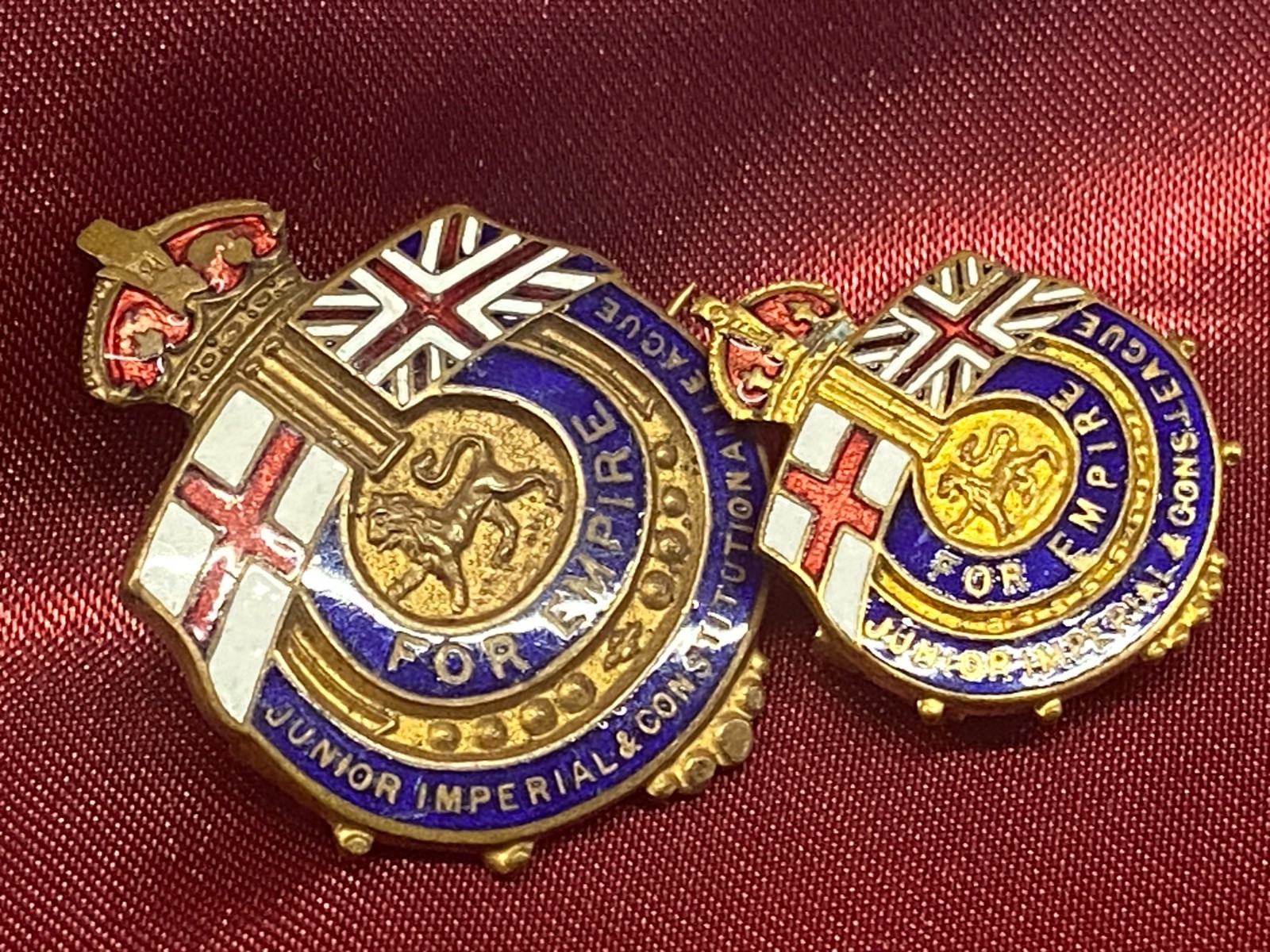 2 x Junior Imperial & Constitutional League "For Empire" Enamel Lapel Badges