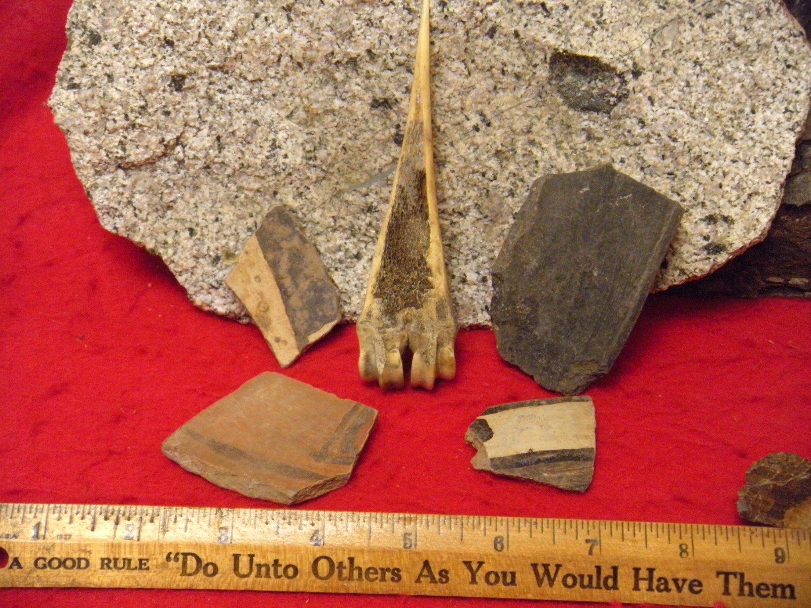 5.23" BONE AWL – CHICAGO ILL ESTATE - FOUR PIECES POTTERY - FOUR ARTIFICTS