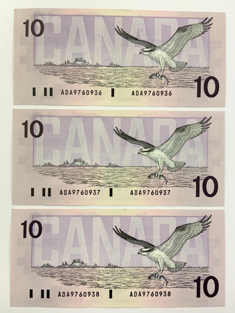 3 Consecutive 1989 Canada 10 Dollars Uncirculated Banknotes ADA Prefix II729