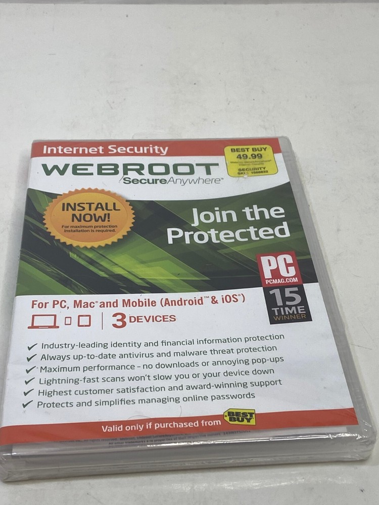 Webroot Secure Anywhere PC/Mac/Mobile Android & iOS-3 Devices Internet Security