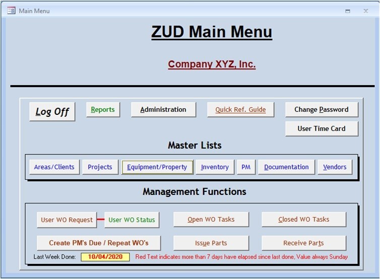 ZUD, MS Access CMMS app for Maintaining Equip, Inventory ,PM/Repair Work Orders