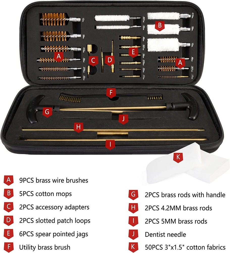 Flissa 33 PCS Gun Cleaning Kit with Solid Brass Rods, Brushes, Mops, Jags, Case