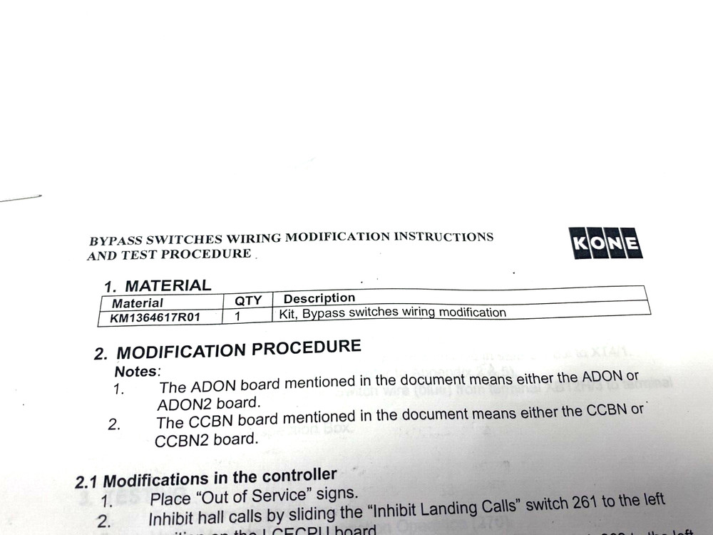 Kone KM1364617R01 Bypass Switch Wiring Harness Modification