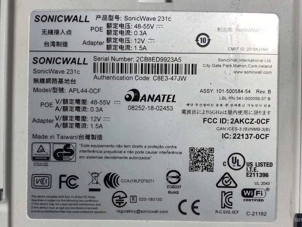 SonicWALL SonicWave 231c Wireless Access Point APL44-0CF