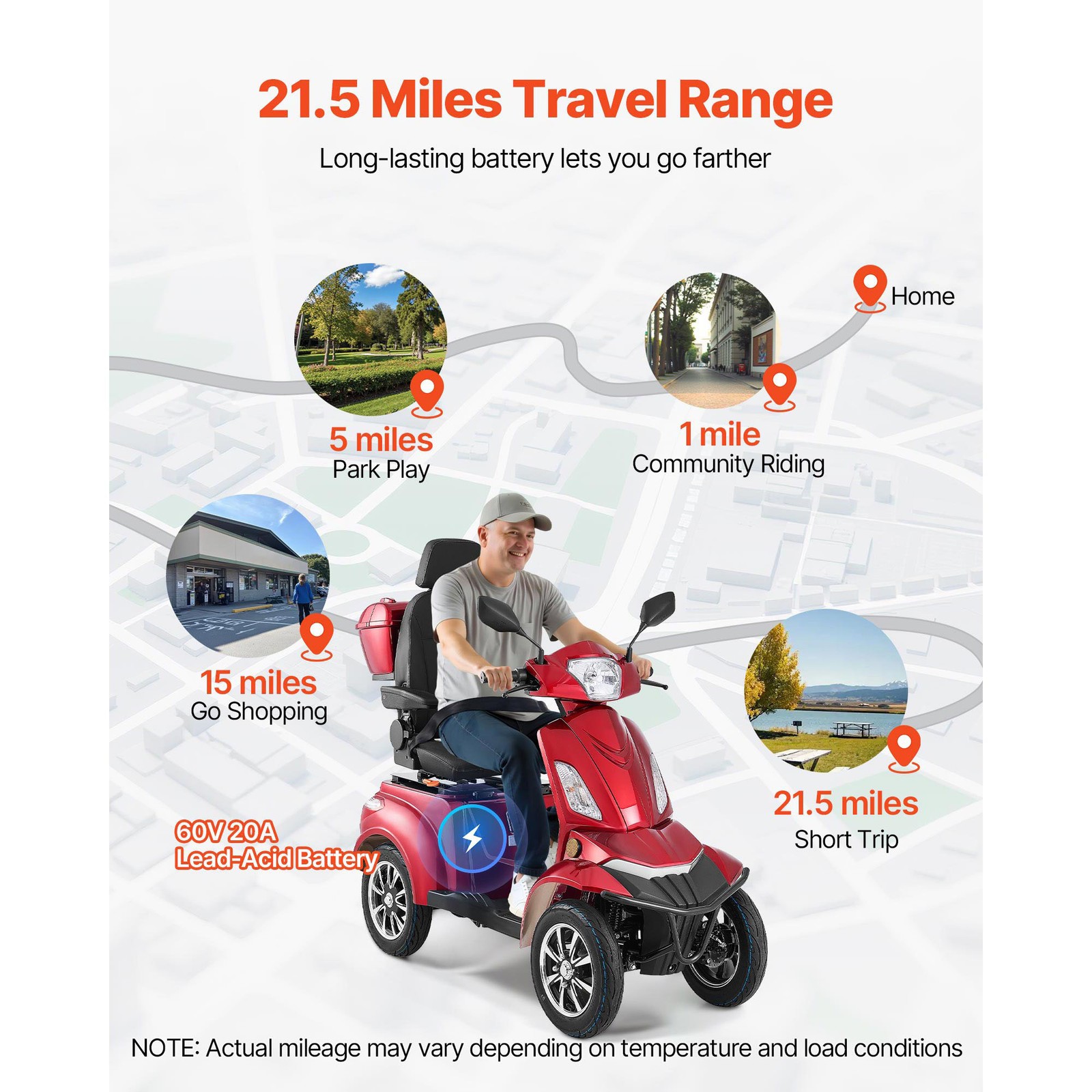 Uimoso Heavy-Duty 4-Wheel Mobility Scooter 21.5 Miles Range 3-Speed, 500lbs Load