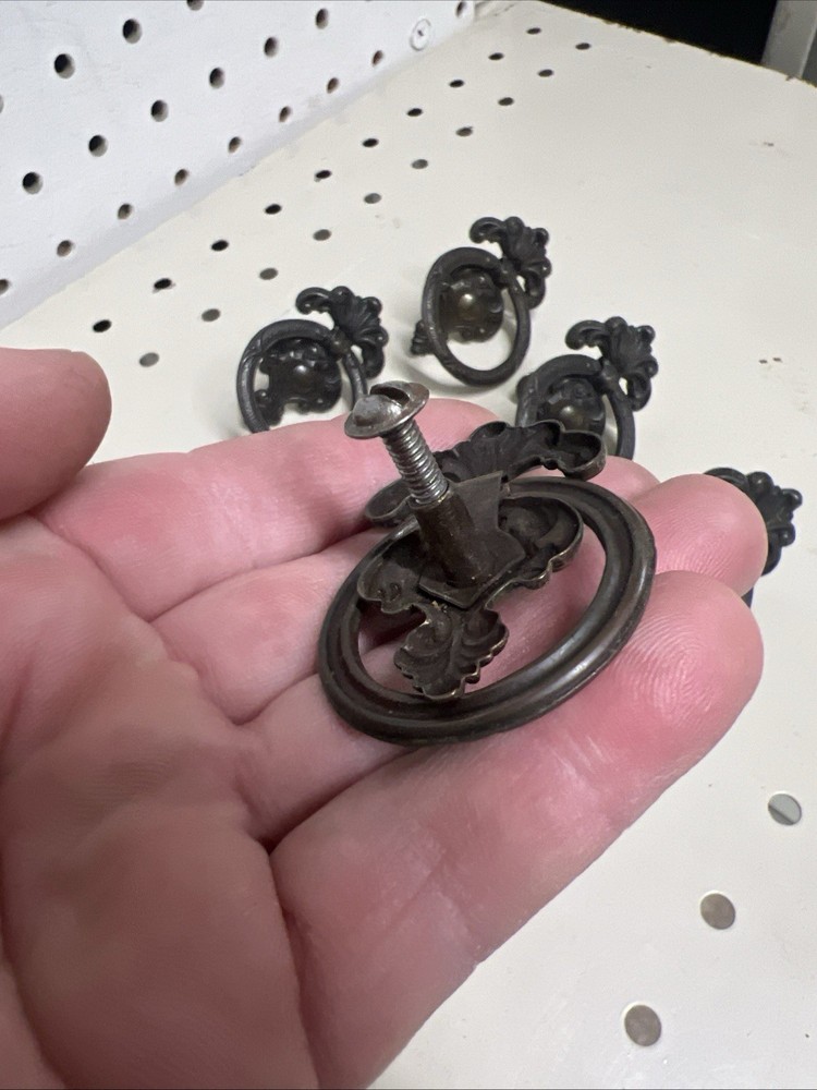 Set of 6 Antique Solid Brass Ring Drawer Pulls – 1.5" Wide, 2" Drop