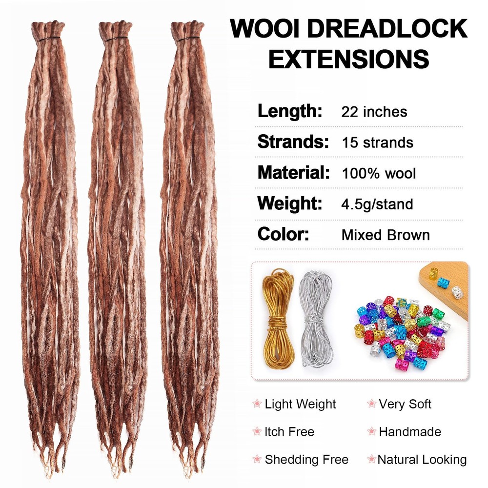 22 Inch Wool Double Ended Dreadlock Extensions,15 22 Inch, Mixed Brown