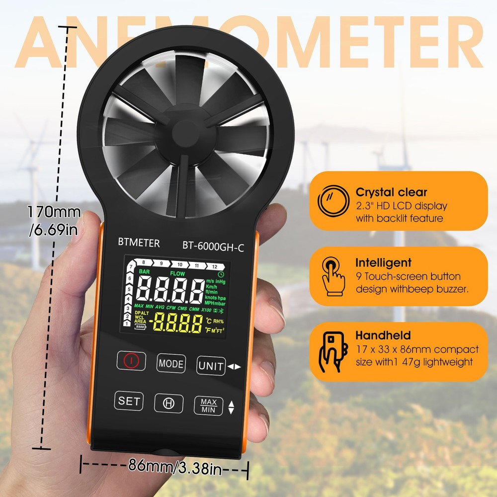 Precision Anemometer 0.3-30 m/s - Airflow (CFM/CMM) & Temp Gauge, Hold Function