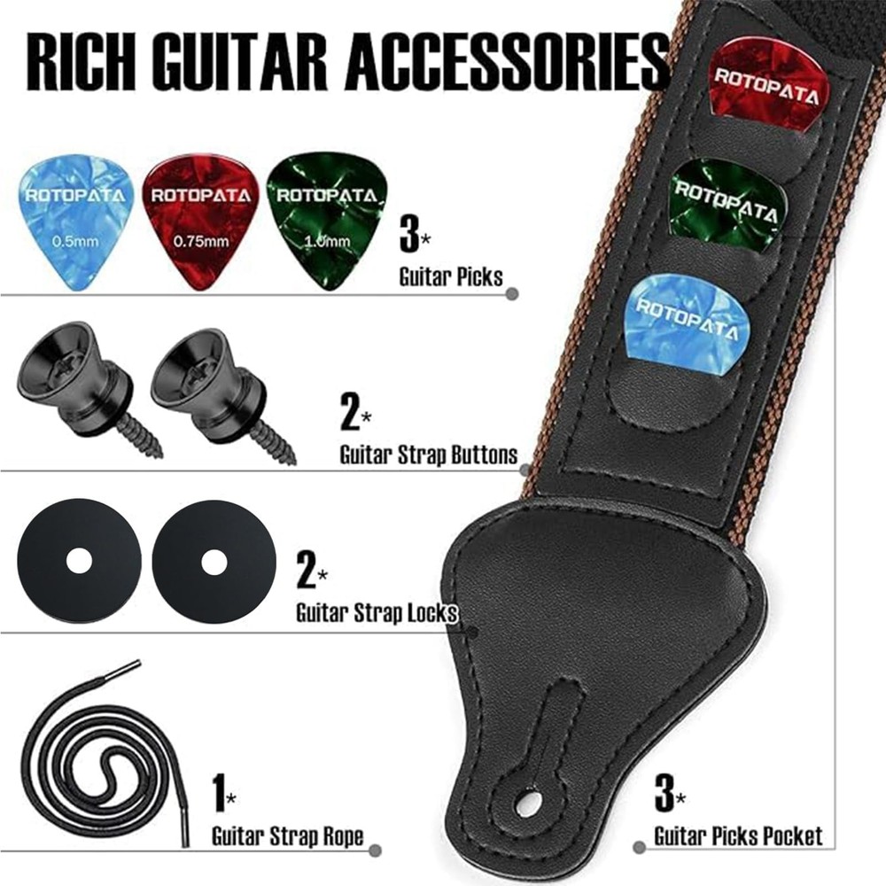 ROTOPATA Guitar Strap, Adjustable Cotton Straps with Medium, Black