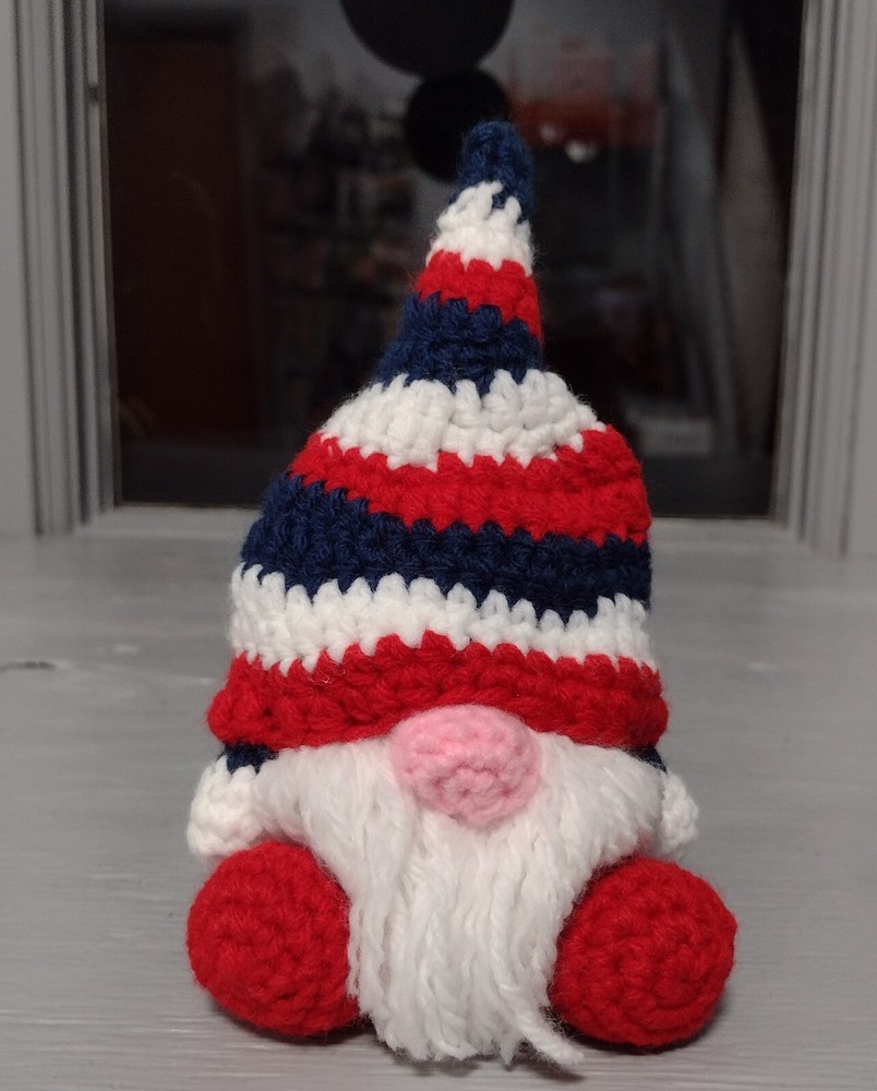 Handmade Crochet Stuffed Gnome Red White Blue