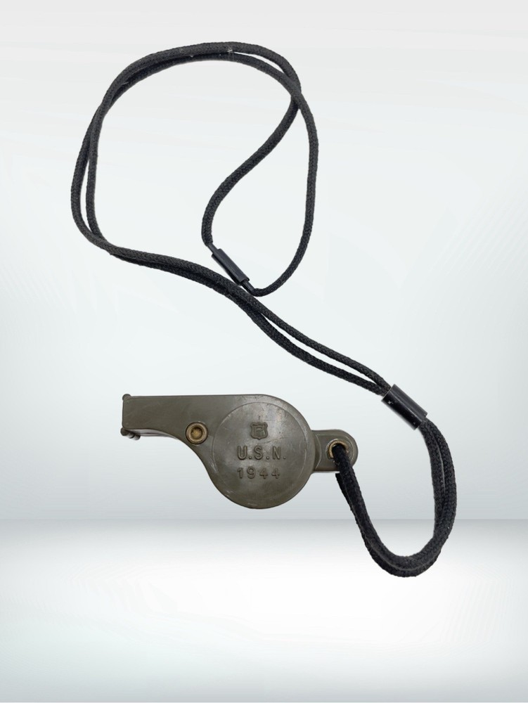 Vintage WW2 U.S. Navy 1944 dated OD Plastic Whistle with Black Lanyard Works!