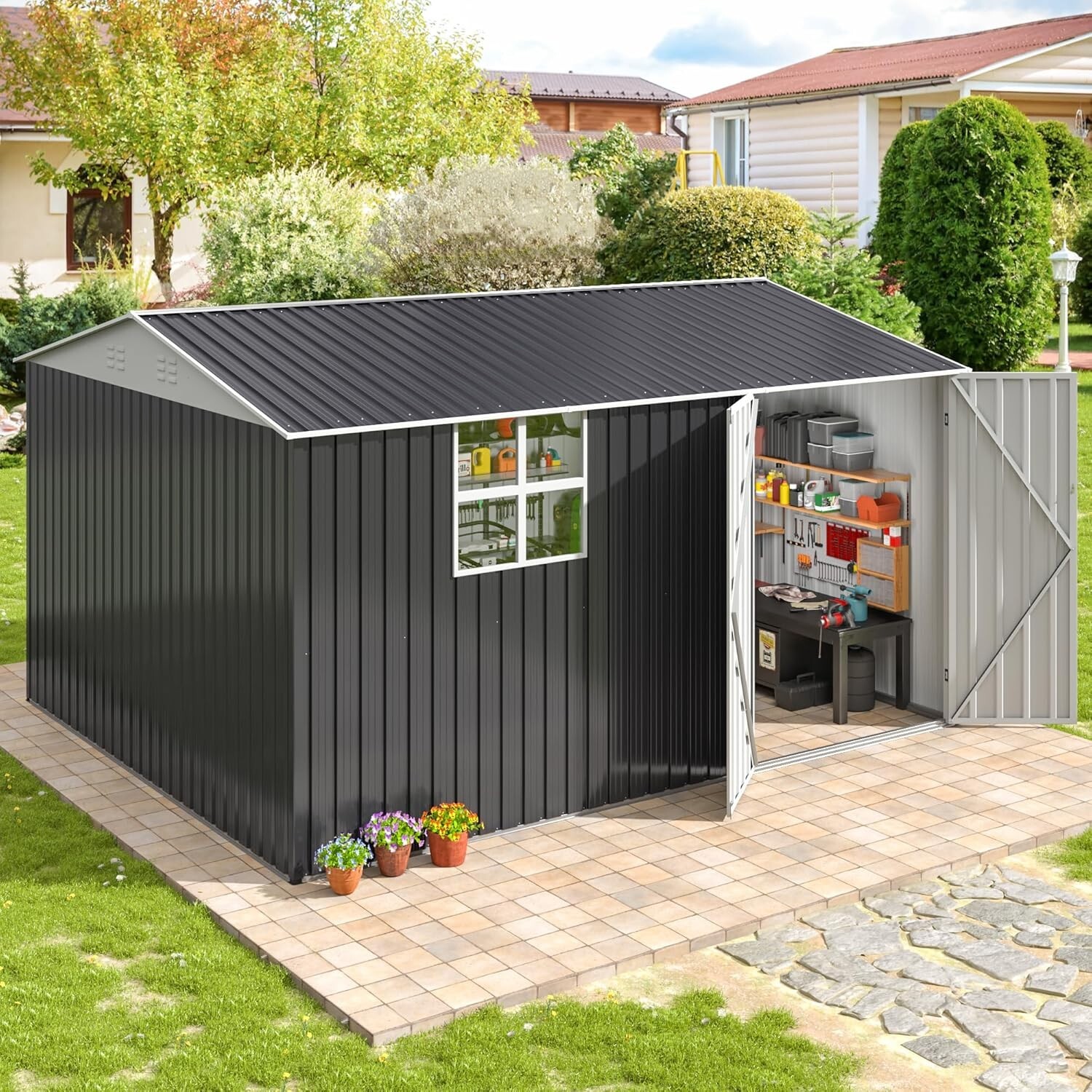 10x12 ft Outdoor Storage Shed, Metal Garden Shed with Lockable Doors, Tool Chest