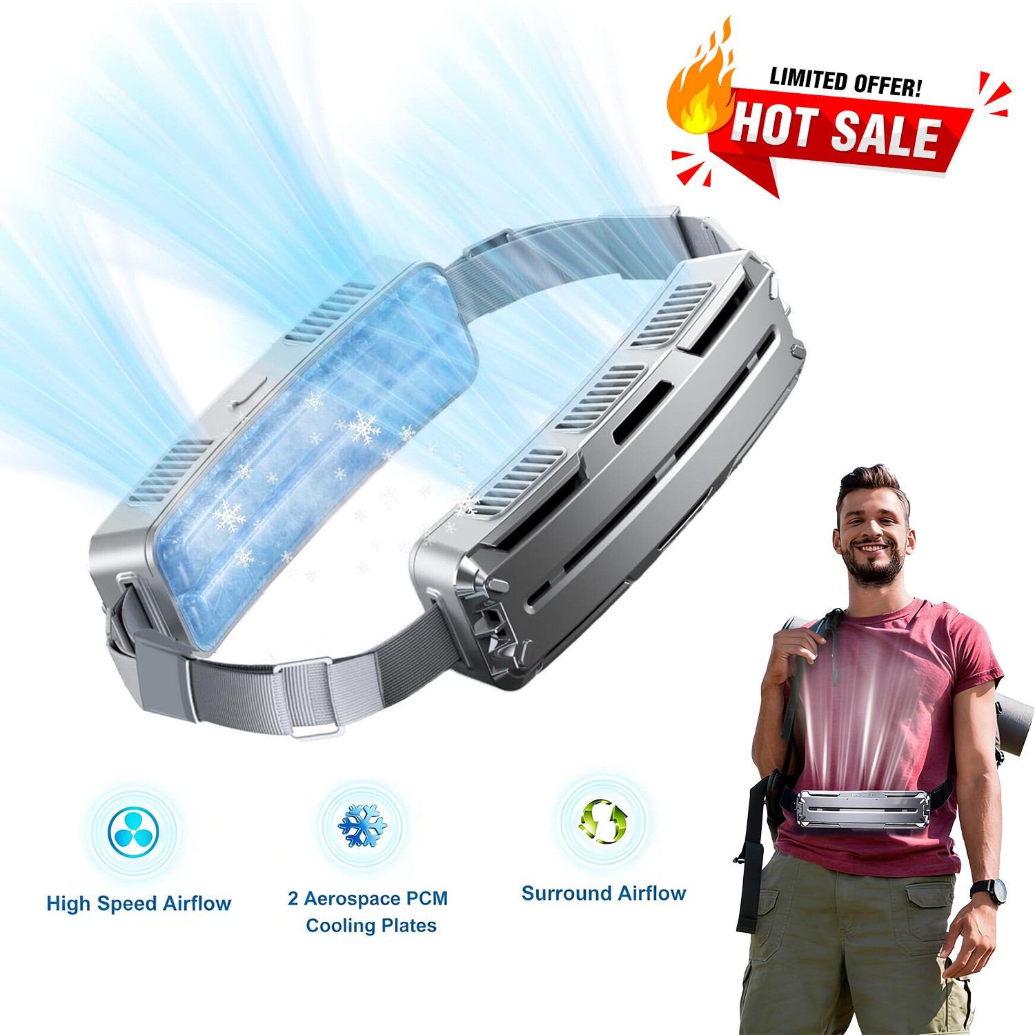 Portable Wearable Waist Fan With 3 Speeds 360° Cooling For Outdoor Activities,o