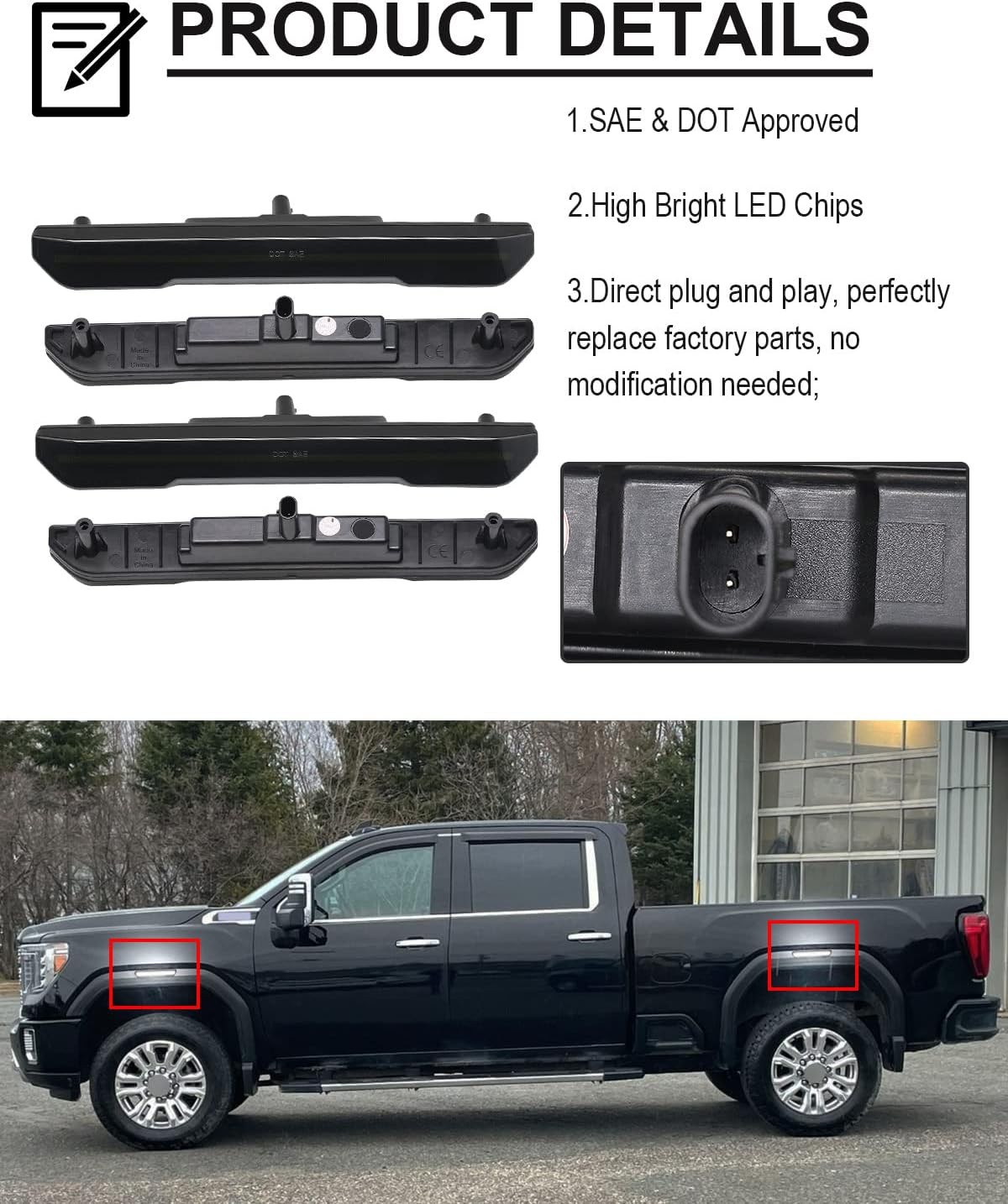 4 PCS Smoked Lens LED Side Marker Lights Replacement for Sierra 2500HD 3500HD 20