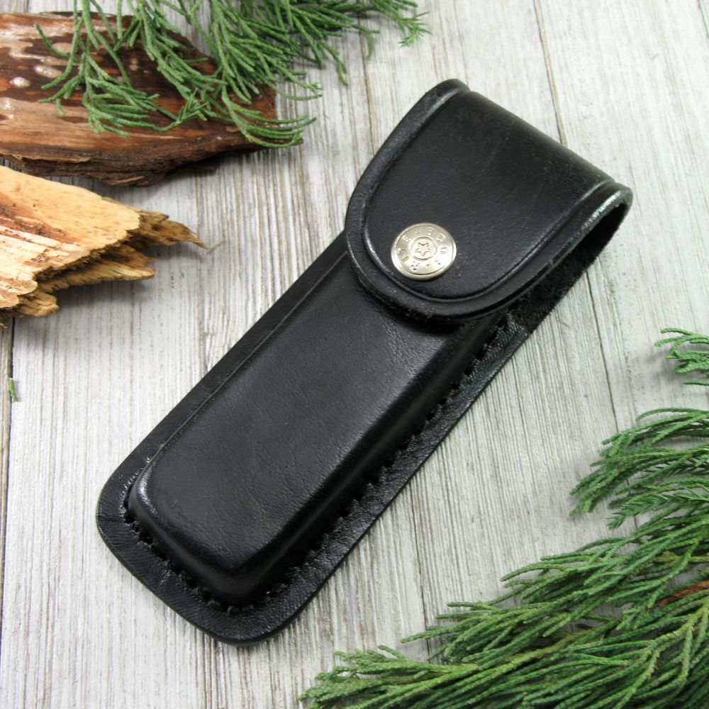 NEW Pocket Knife Sheath Black Genuine Leather Belt Case For 5" Folding Knife
