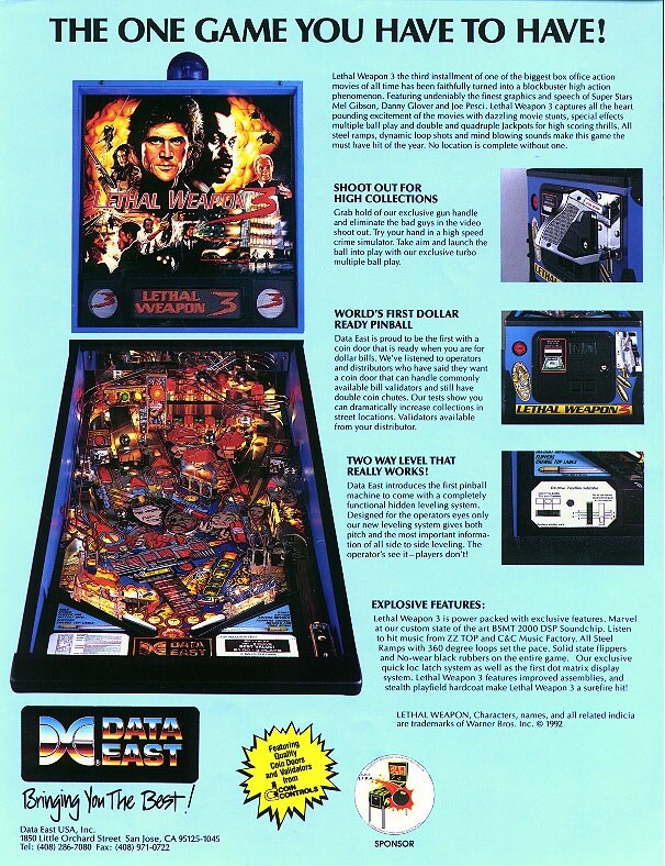 Pinball ROM CPU Display chip set Data East Lethal Weapon 3 NEW CODE 3.01