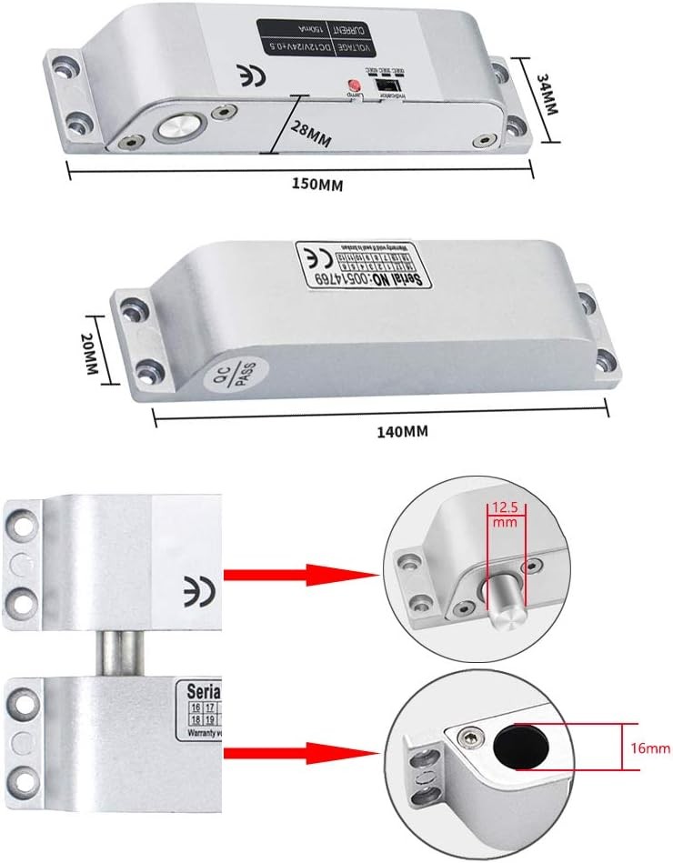 Electric Drop Bolt Lock DC 12V Fail Safe NC Mode Electronic Large, Silver