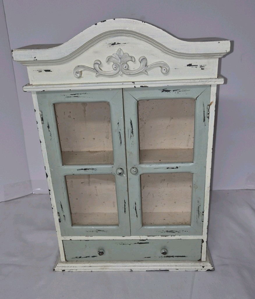 Vintage Shabby Chic Wall Cabinet Distressed Seafoam & White With  Scrollwork
