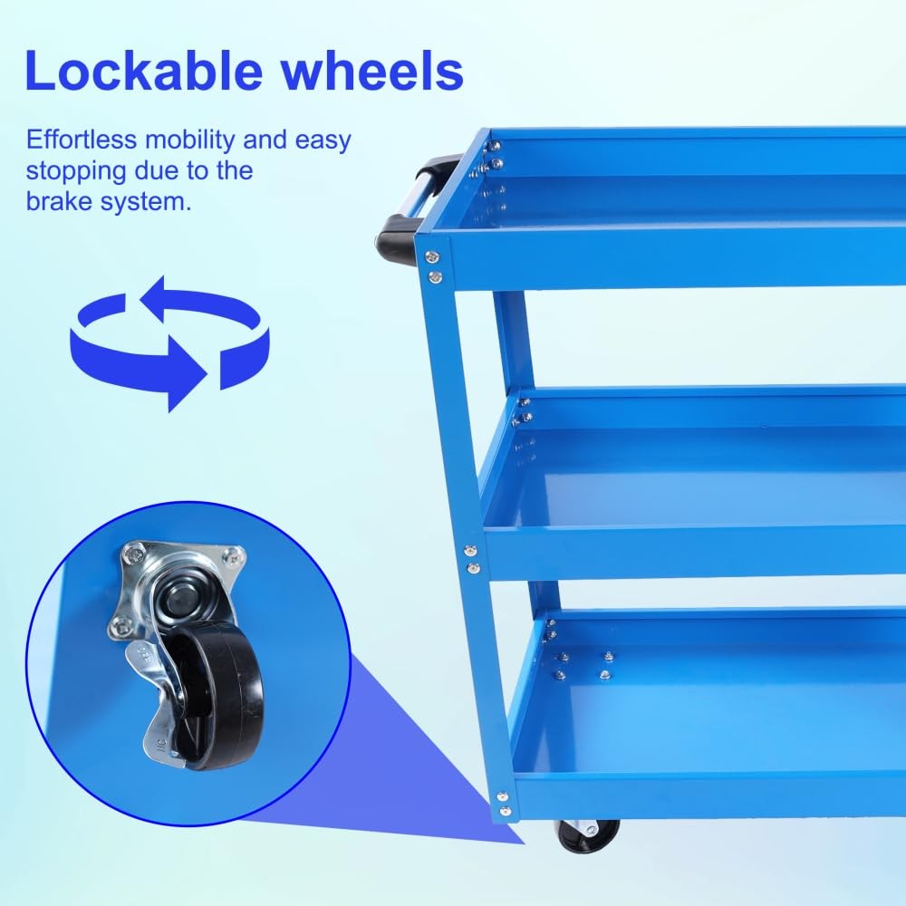 3 Tier Blue Rolling Mechanic Tool Cart on Wheels, 450 LBS Heavy Duty Steel