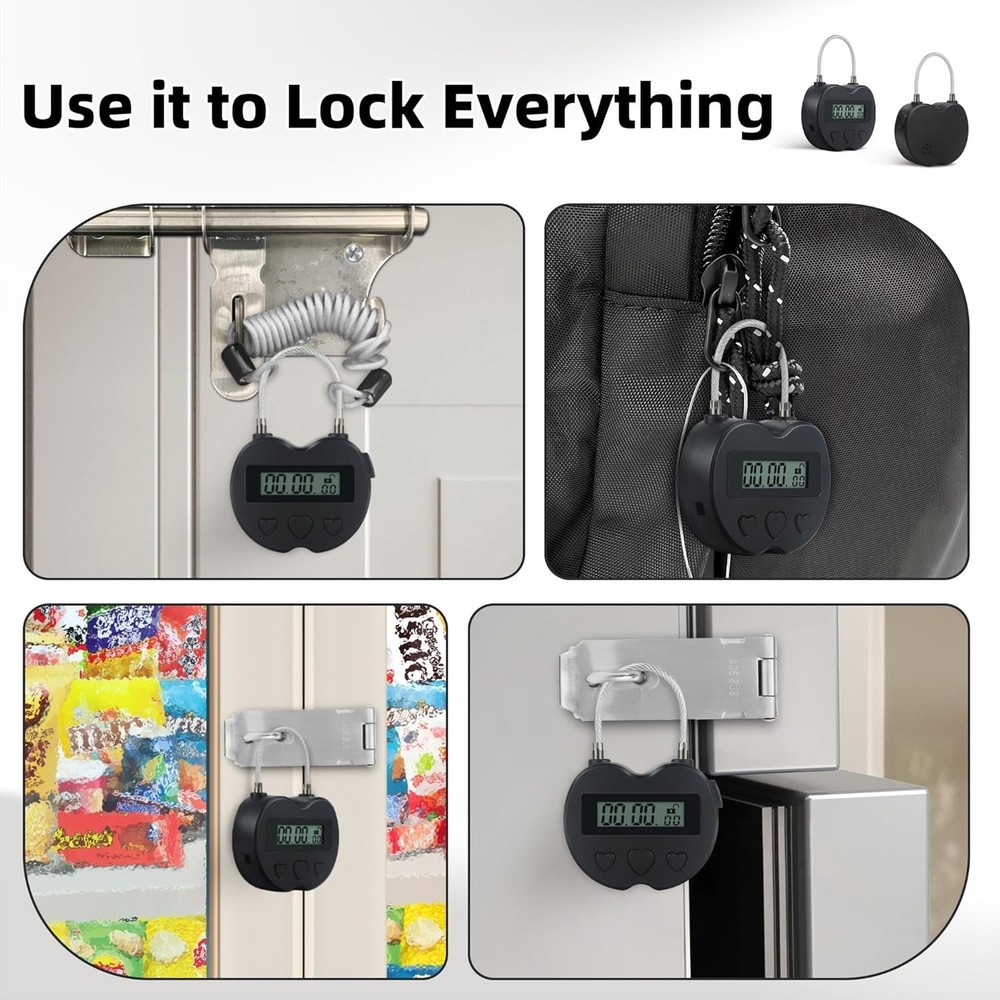 Heart Metal Timer Lock, USB Rechargeable Timer Compact Padlock with 1M Spring Co