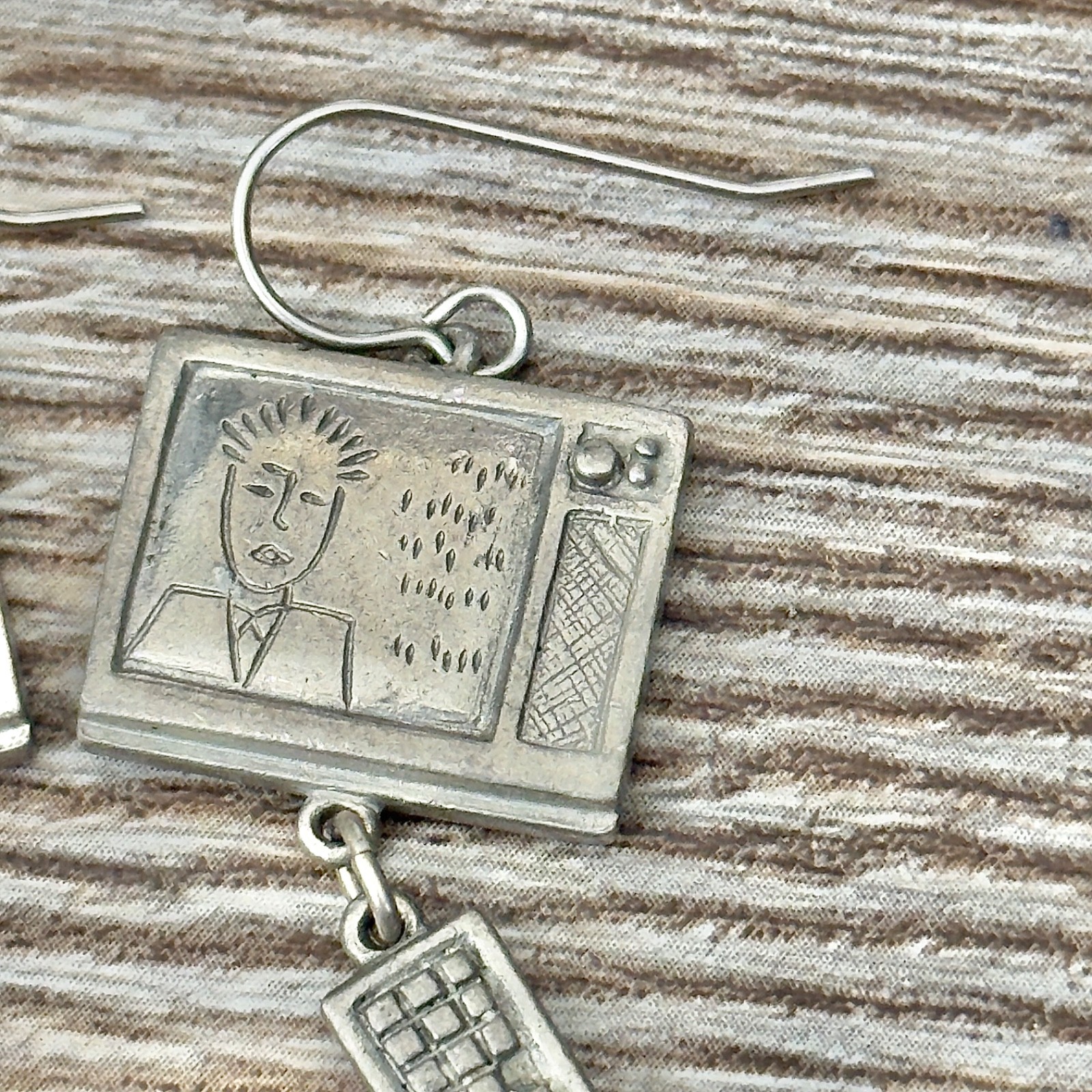 Vintage Jim Clift Dangle Earrings TV Television & Remote Pewter