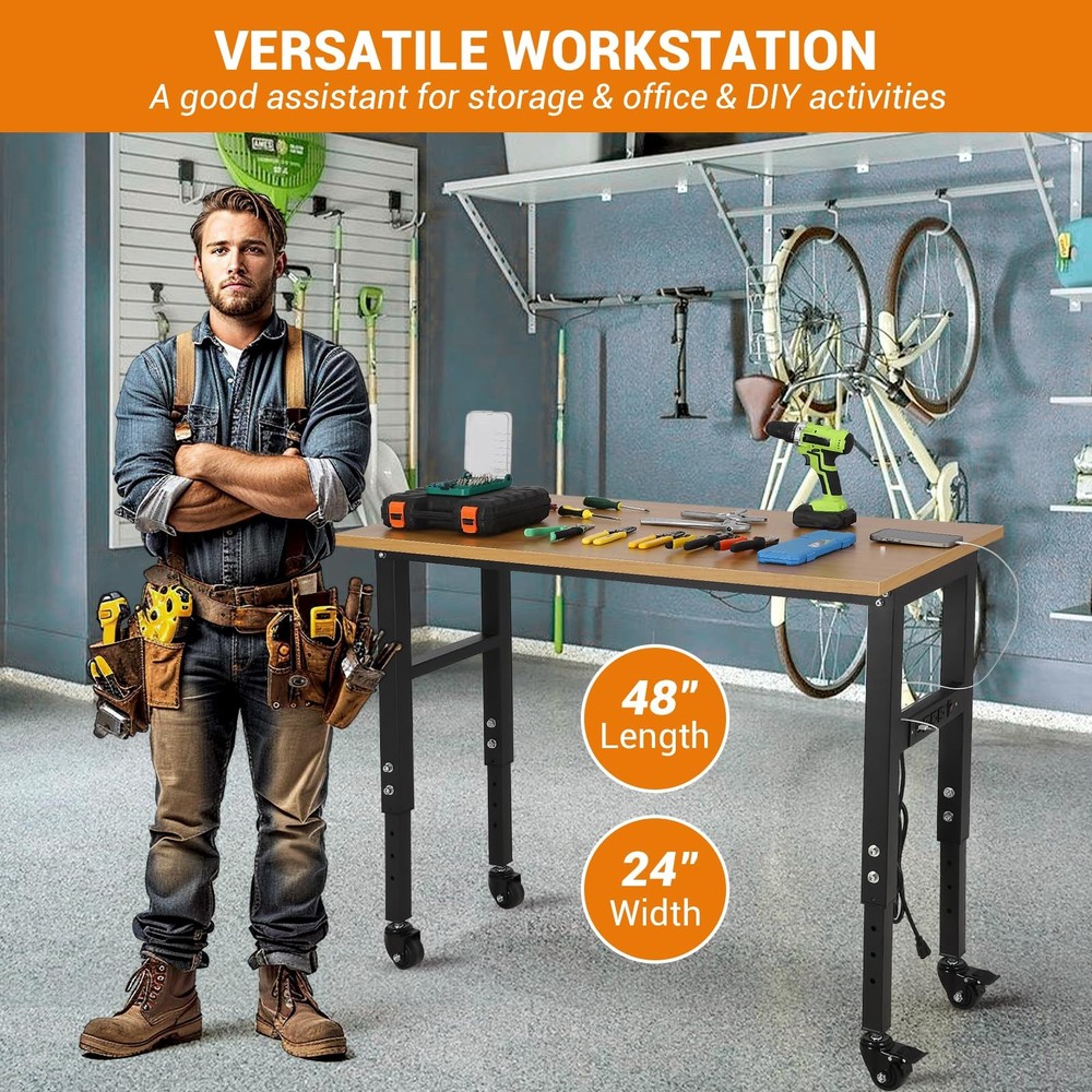 Adjustable Height Workbench 48"x 24" Work Bench Table w/ Power Outlets & Wheels