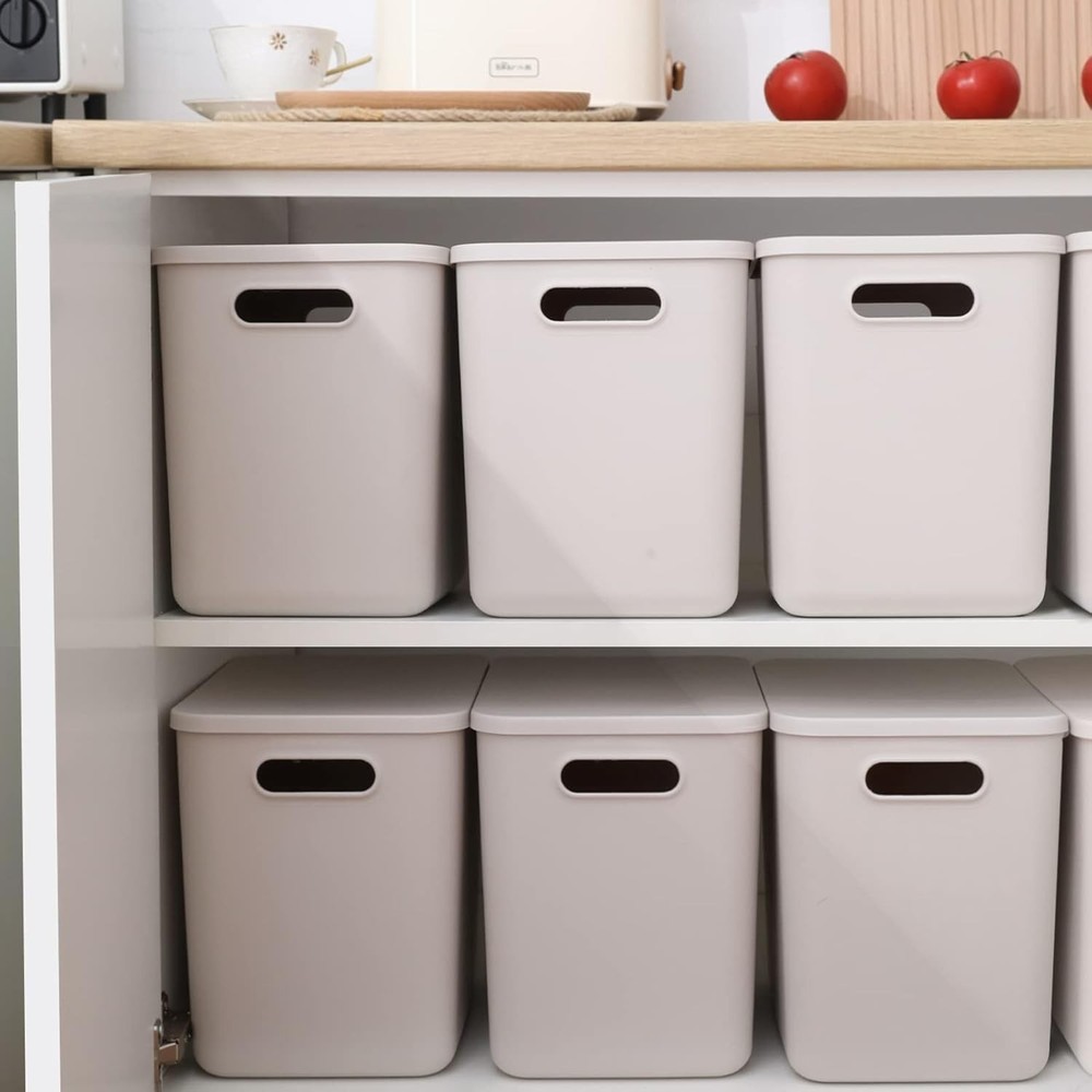 6 Piece Plastic Storage Baskets Boxes with Lids,14.4x10.2x11.8 inch Stackable...