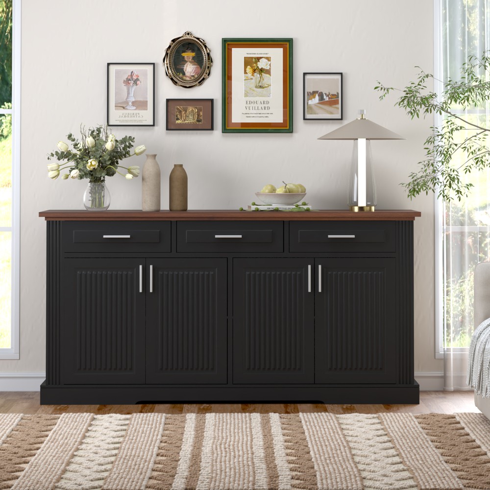 Modern Fluted Sideboard Buffet w/4 Doors & 3 Drawers for Kitchen Dining