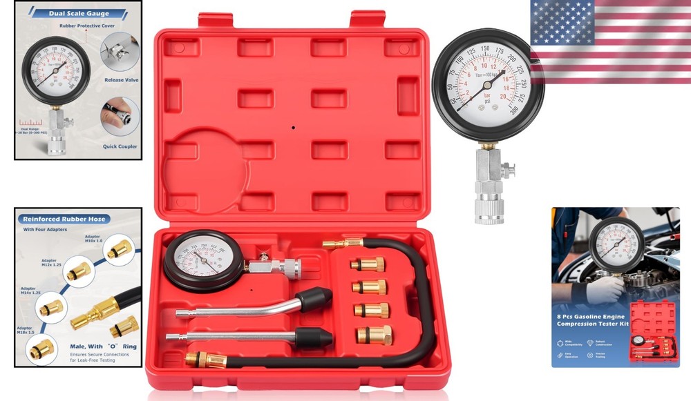 8-Piece Professional Petrol Engine Compression Tester Kit