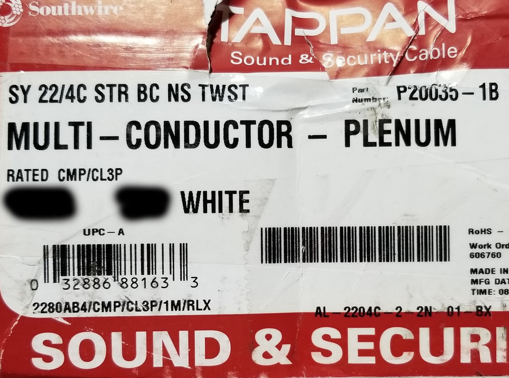 Southwire/Tappan 22/4C Stranded Security/Control Cable Plenum White /100ft