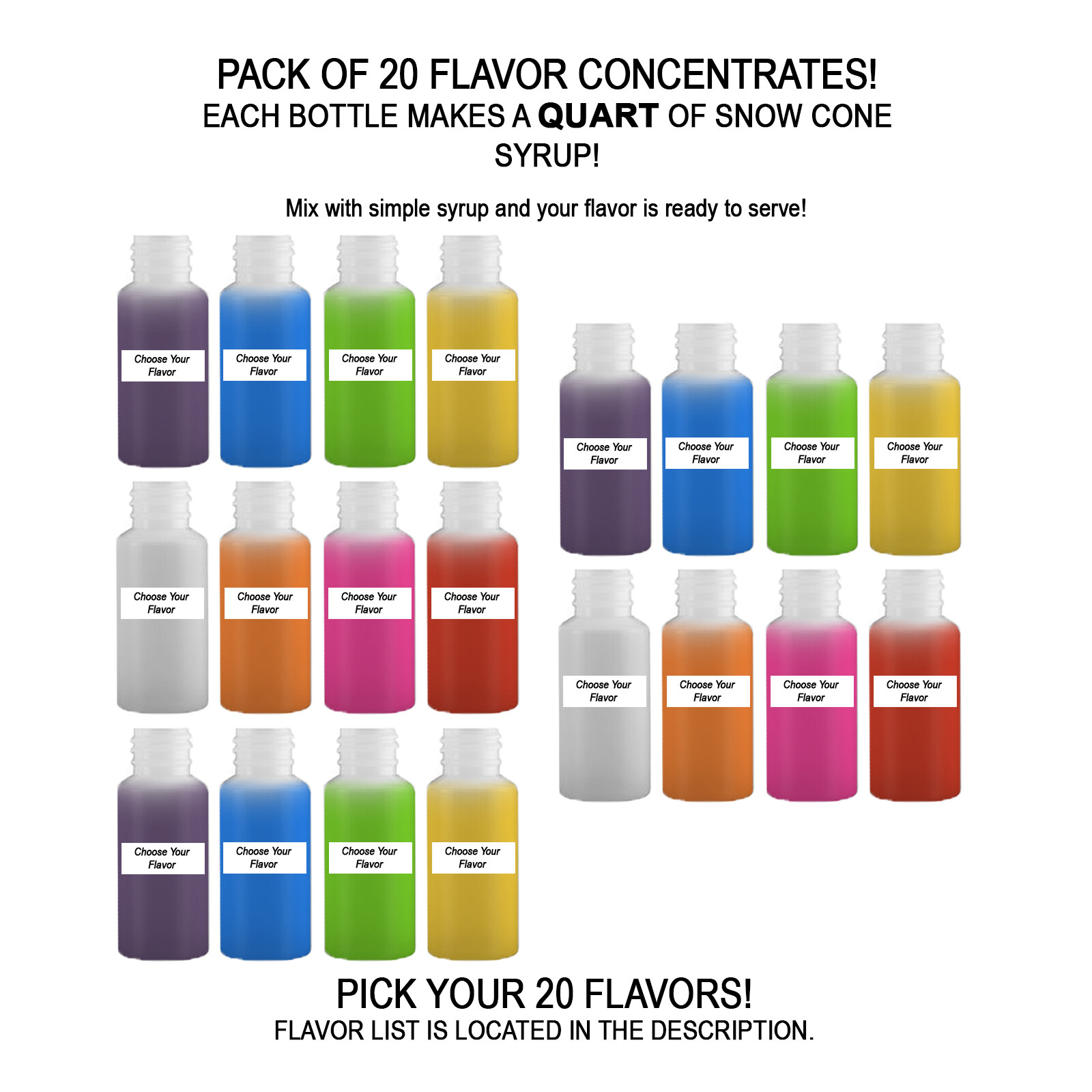 Shaved Ice Sno Cone Flavor Syrup Mix Concentrate Snow Kone Mix  ***20 PACK** 1oz