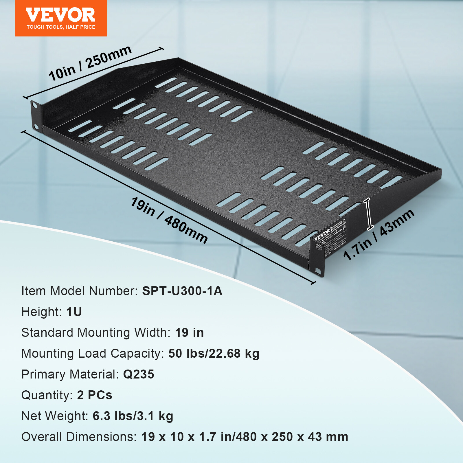 VEVOR 2PCS 1U Server Rack Shelf 10"/254 mm Depth Vented Rack Mount Shelf Tray