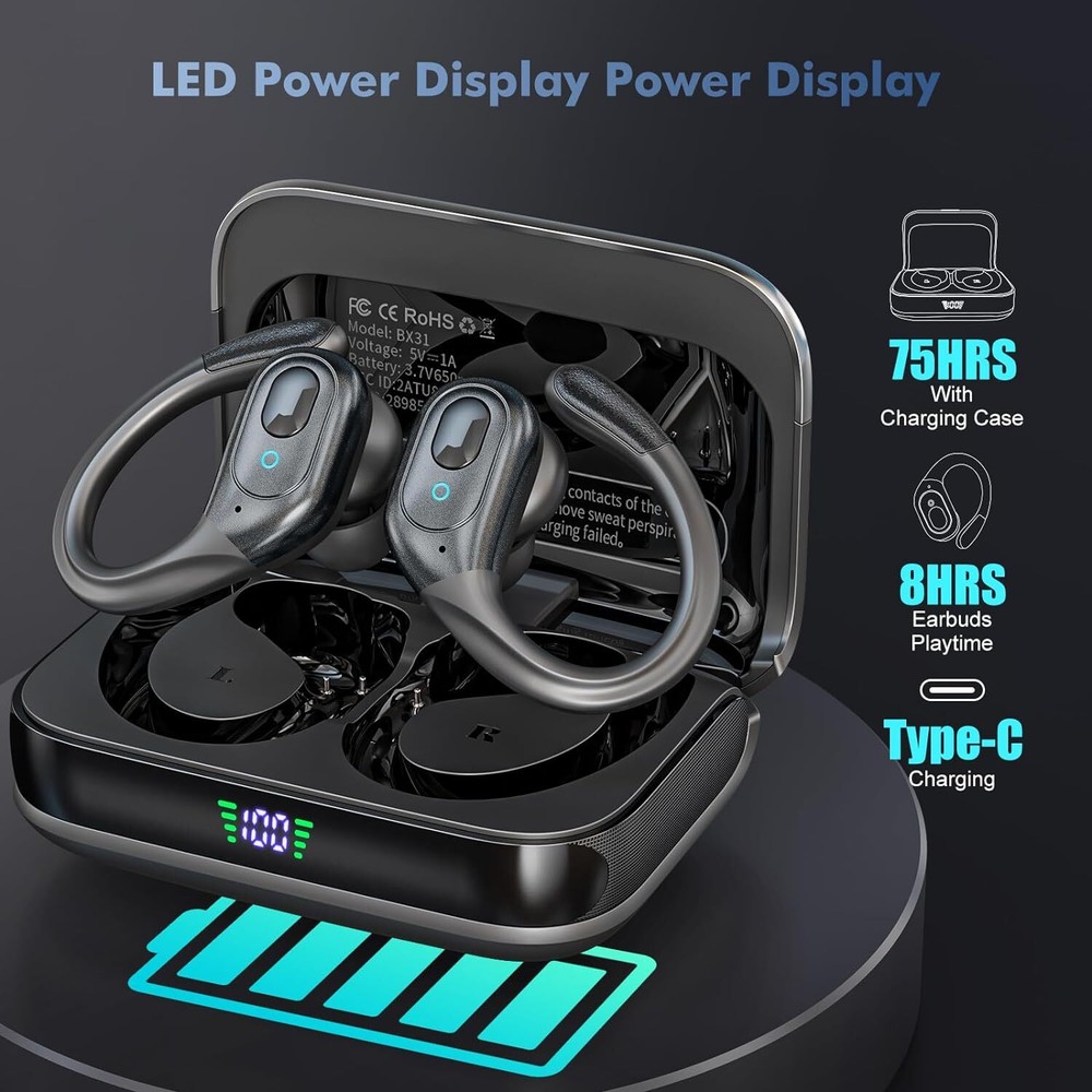 Bluetooth Earbuds 75H Playtime IP7 Waterproof for Running