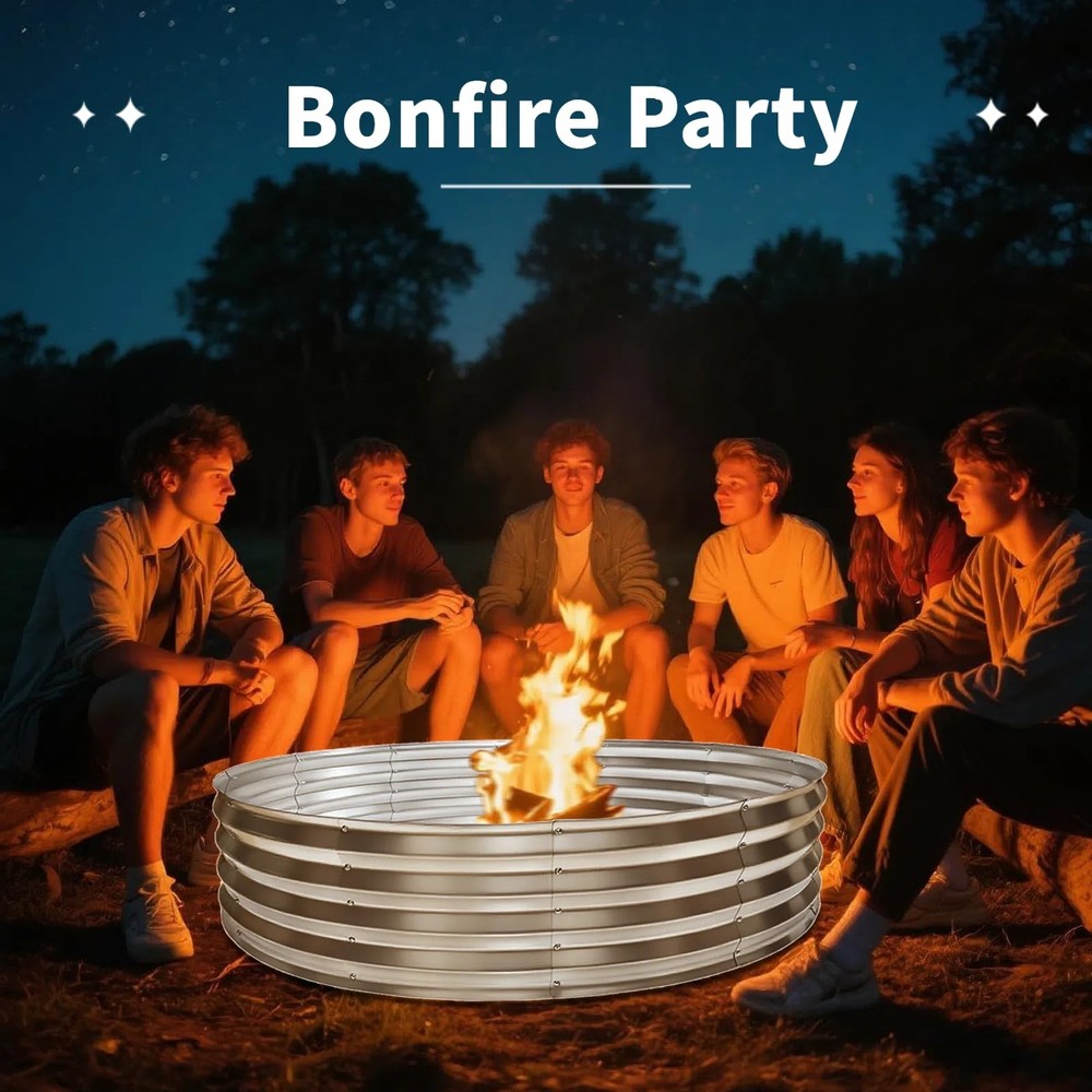 48 Inch Round Galvanized Fire Pit Ring, Durable Steel Bonfire 4FT, Silver