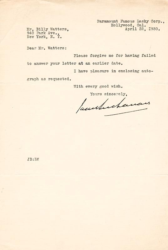 JACK BUCHANAN - TYPED LETTER SIGNED 04/22/1930