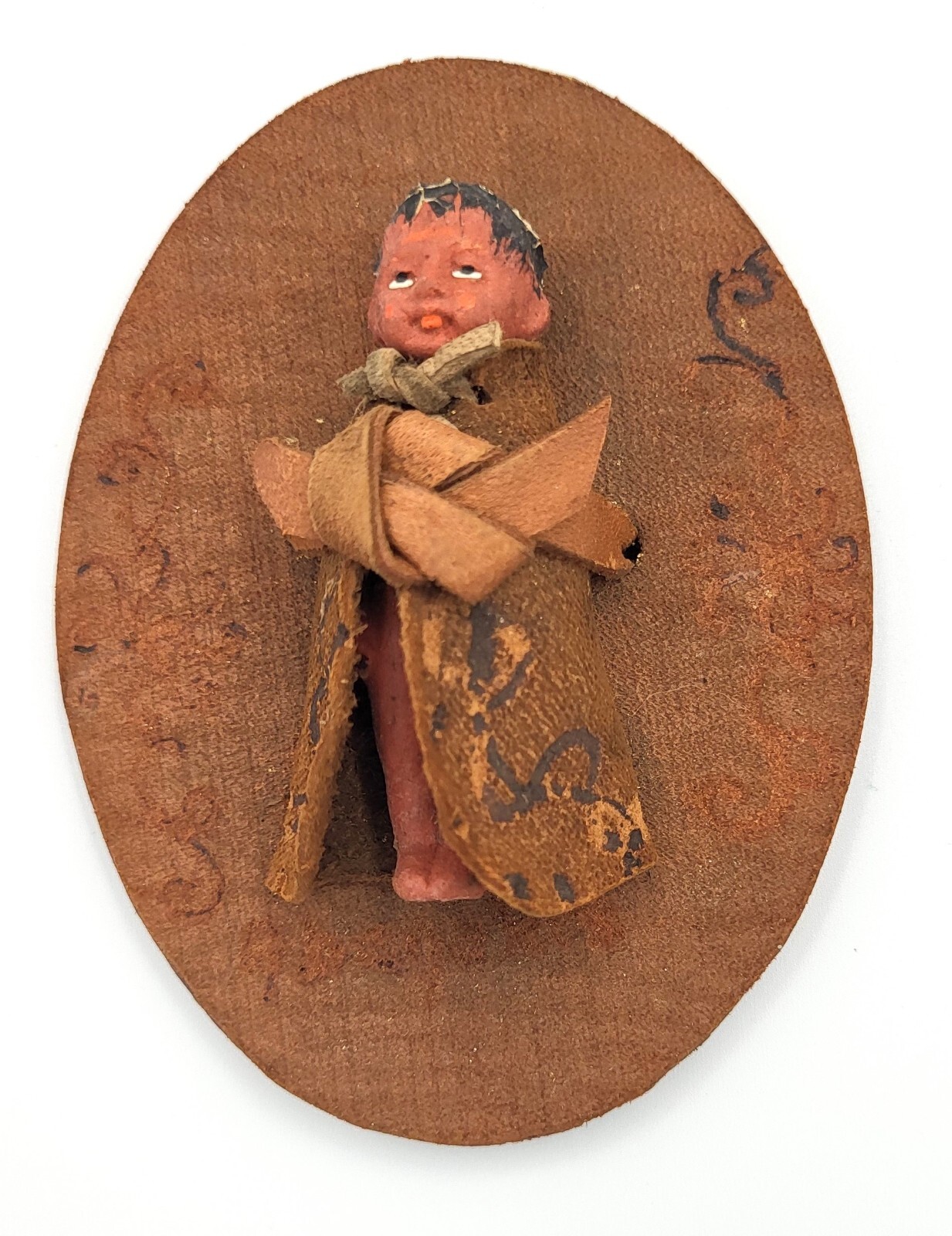 Antique Hand Crafted Clay And Leather Native American Papoose Cradle Doll