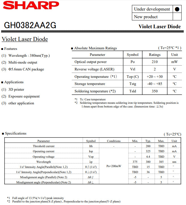 Sharp 380nm 200mW Violet Laser Diode GH0382AA2G
