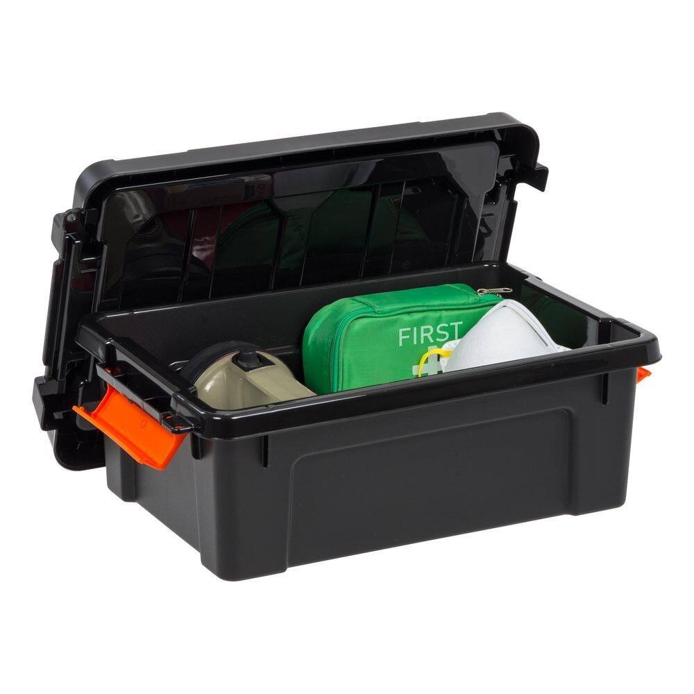 Heavy Duty Storage Tote Stackable Latching Lid Plastic Bin Black, Multiple Sizes