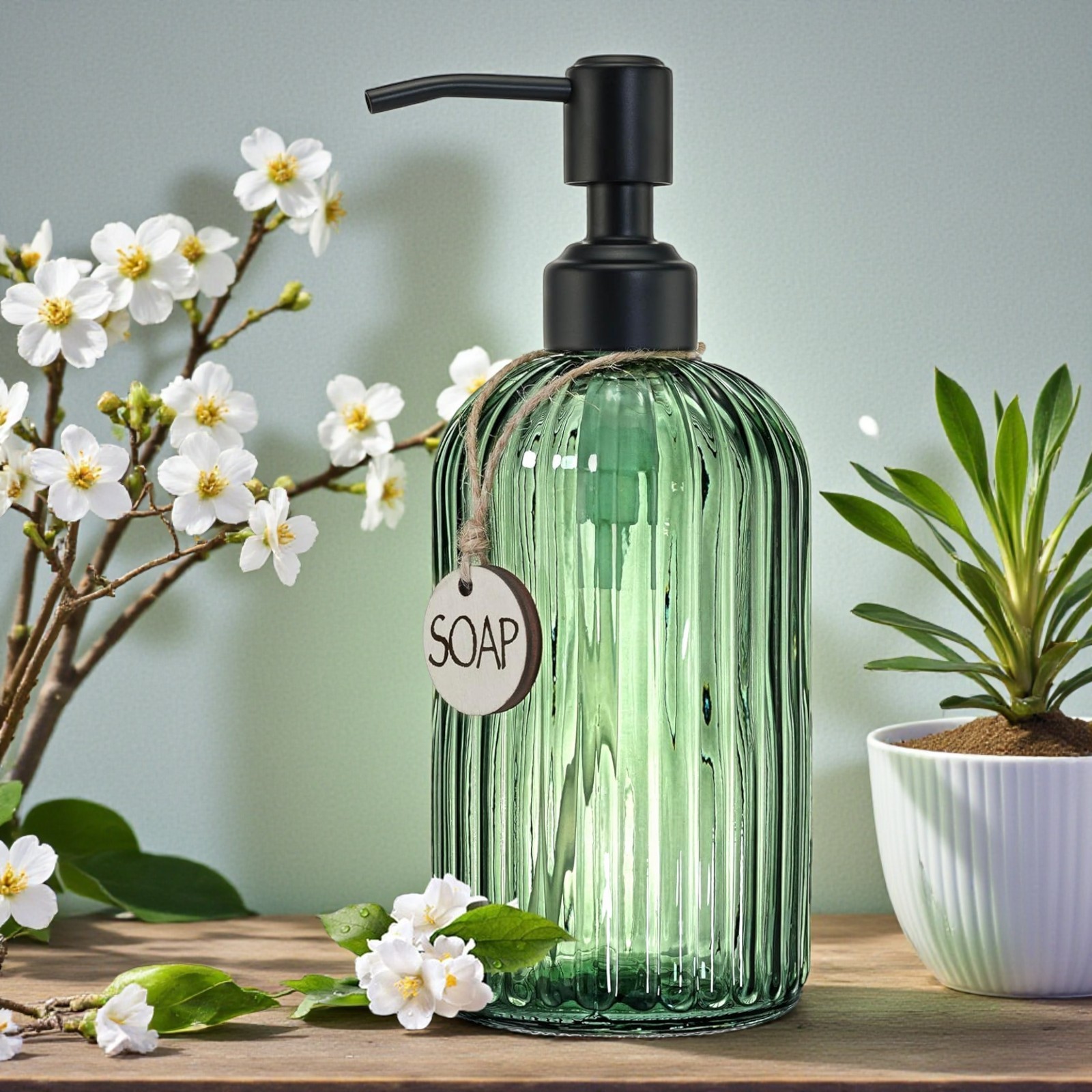 JASAI 18Oz Green Glass Soap Dispenser with Gold Rust Proof Pump, Refillable Kitc