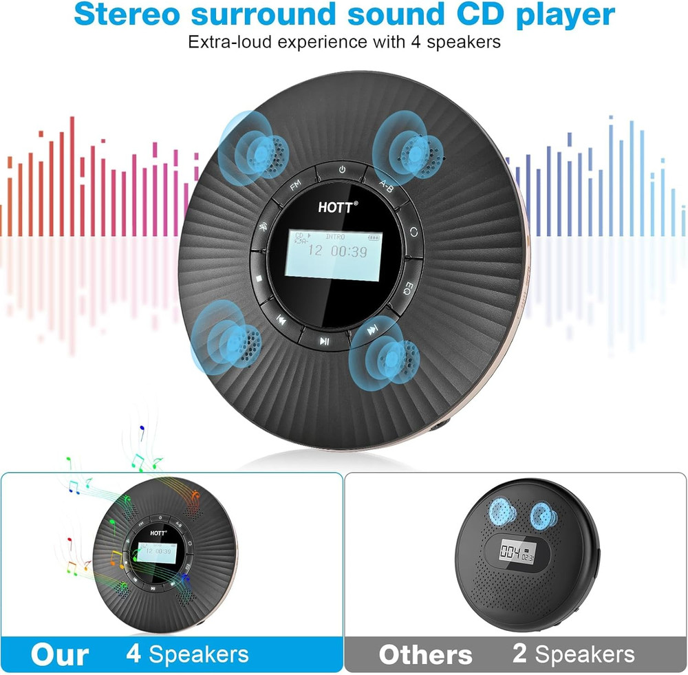 HOTT CD Player Portable with 4 Speakers Portable CD Player with 5.3 Bluetooth an