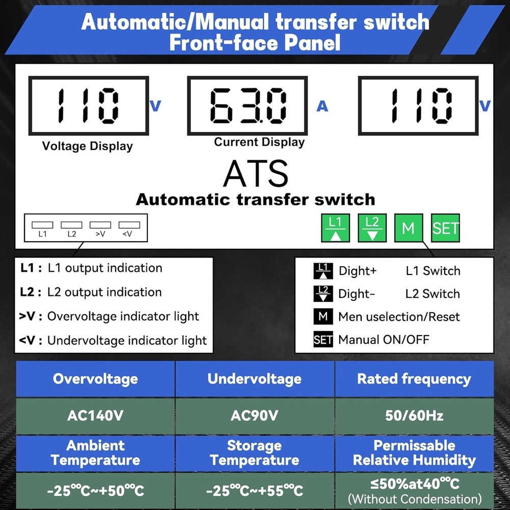 New 63A 120V Automatic/Manual Transfer Switch, Dual Power Selector, LED Display