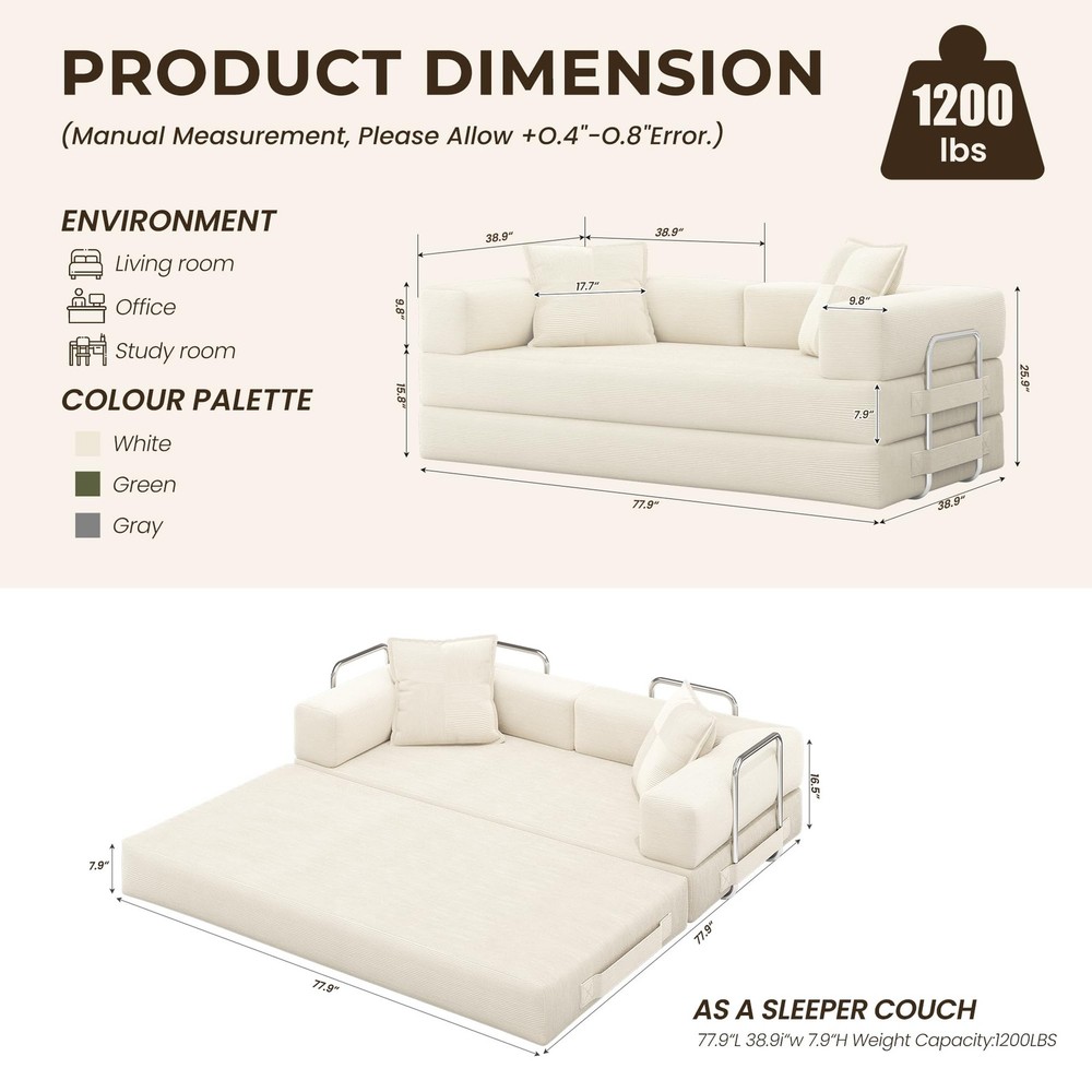 Convertible 78 Inch Folding Futon Sleeper Sofa Bed with Fixed-Shape Frame