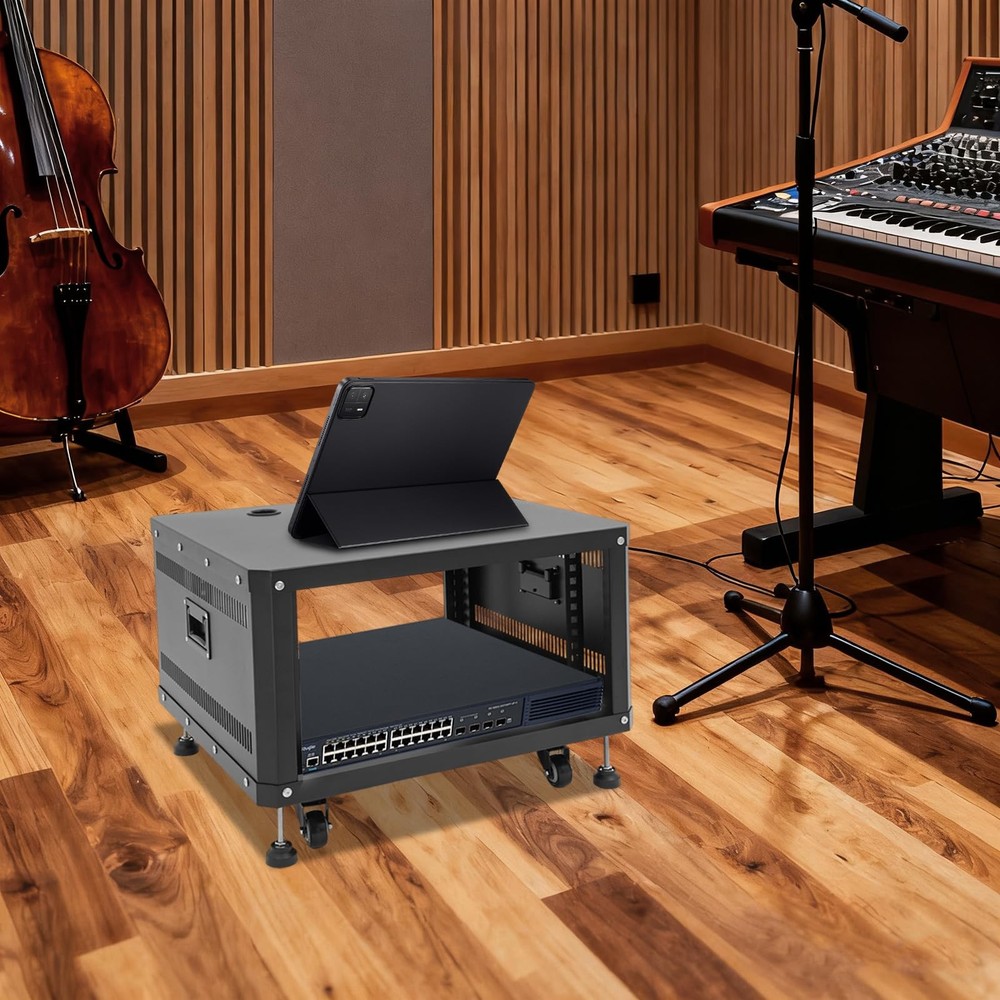 6U Open Frame Server Rack on Wheels with Locking Casters Black