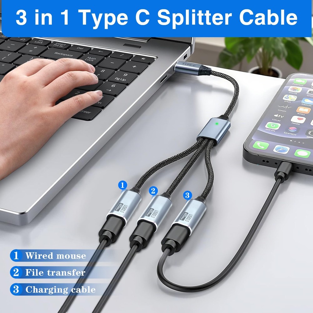 Duttek Multi USB C Splitter Cable, C 1 in 3 Out, Type C Gray