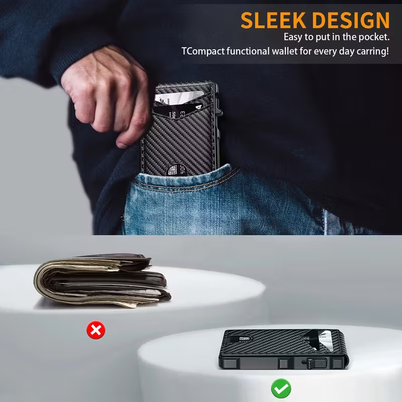 RFID-Blocking Men’s Bifold Pop-Up Wallet Carbon Fiber with Money Clip, Mens Gift