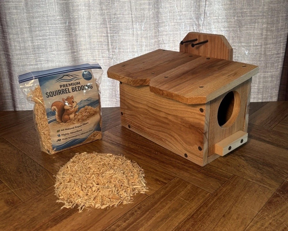 Solid Cedar Backyard Squirrel House Nesting Box - Wooden Wildlife Box W Bedding
