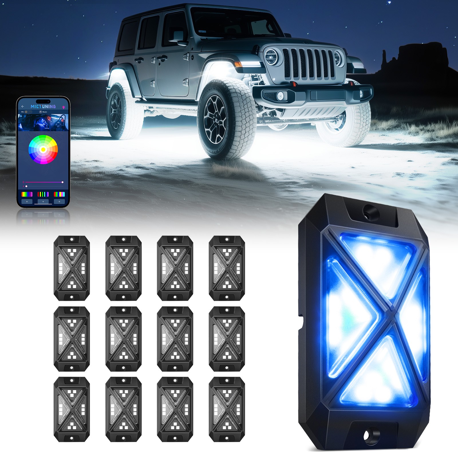 MICTUNING C4 RGBW LED Rock Light,12-Pods Car Underglow Neon Accent Light LED Kit