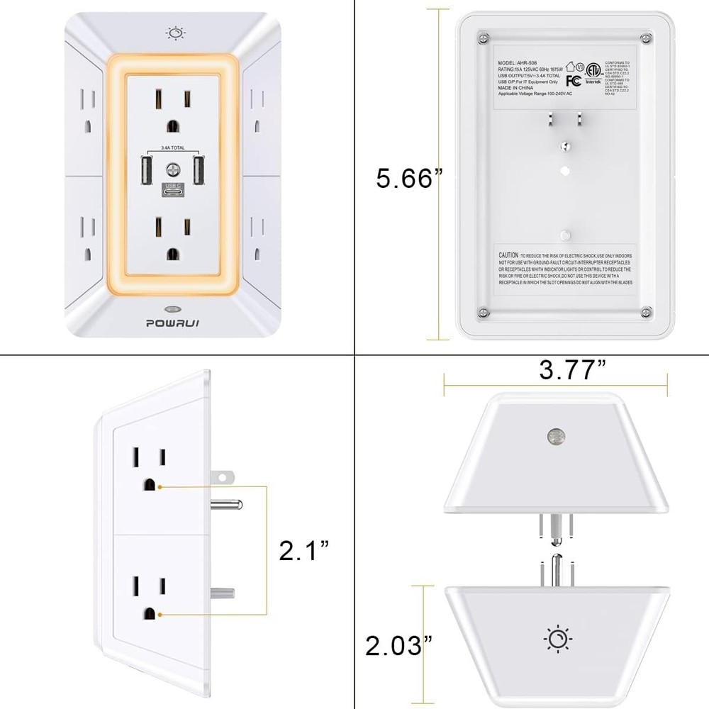 Multi Plug Outlet Surge Protector - POWRUI 6 Extender with 3 USB White